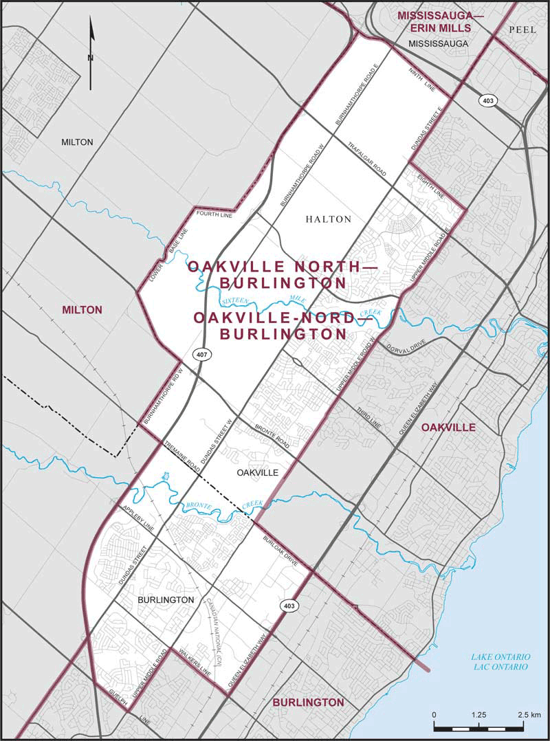 Map of the Oakville North-Burlington Boundaries from Elections Canada. Boundaries description  Consisting of that part of the Regional Municipality of Halton comprised of:      (a) that part of the Town of Oakville lying northwesterly of a line described as follows: commencing at the intersection of the northeasterly limit of said town with Dundas Street East; thence southwesterly along said street to Eighth Line; thence southeasterly along said line to Upper Middle Road East; thence southwesterly along said road, Upper Middle Road West and its production to the southwesterly limit of said town; and     (b) that part of the City of Burlington described as follows: commencing at the intersection of the northeasterly limit of said city with Highway No. 407; thence generally southwesterly along said highway to Guelph Line; thence southeasterly along said line to Upper Middle Road; thence northeasterly along said road to Walkers Line; thence southeasterly along said line to Queen Elizabeth Way; thence northeasterly along Queen Elizabeth Way to the northeasterly limit of said city; thence northwesterly along said limit to the point of commencement.